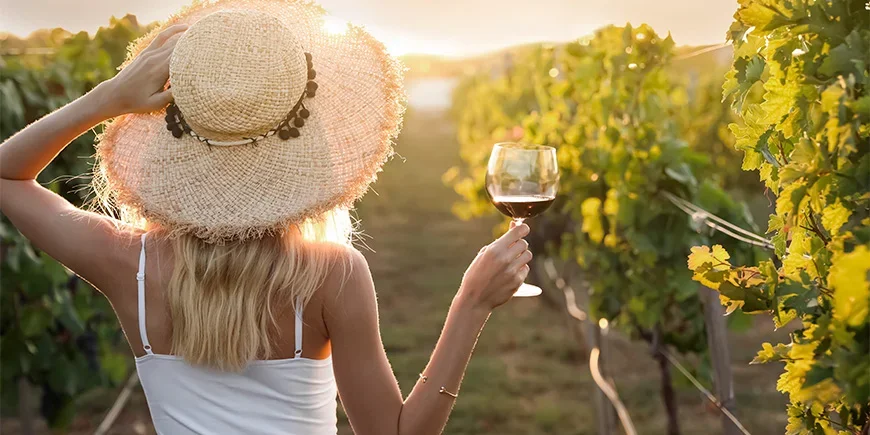 Vrouw met een glas wijn in een wijngaard in Afrika