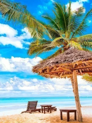Tropisch strand in Mombasa met palmbomen en turkooisblauw water