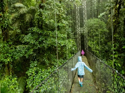 Kinderen steken in de regen een hangbrug in Costa Rica over