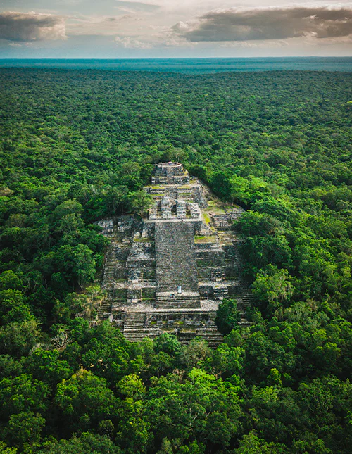 Ruïnes van de oude Mayastad Calakmul, omgeven door de jungle