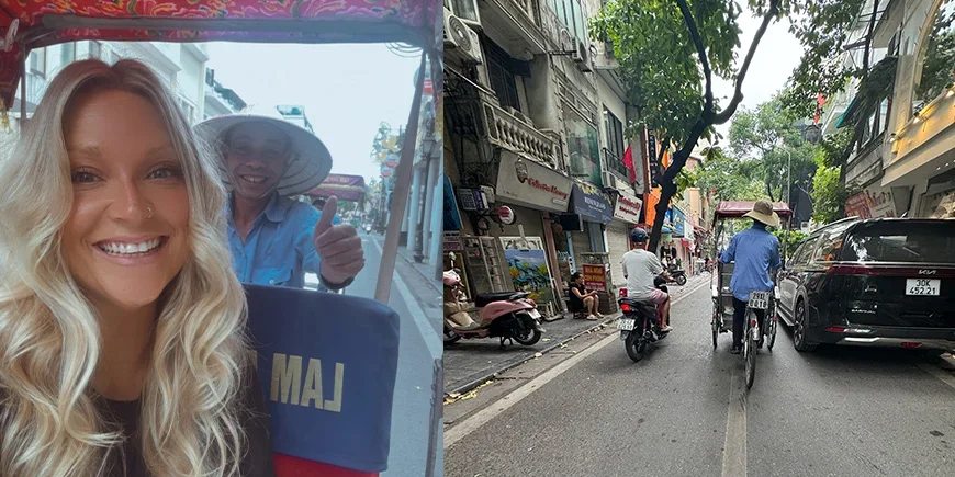 Millie op een cyclo in Hanoi
