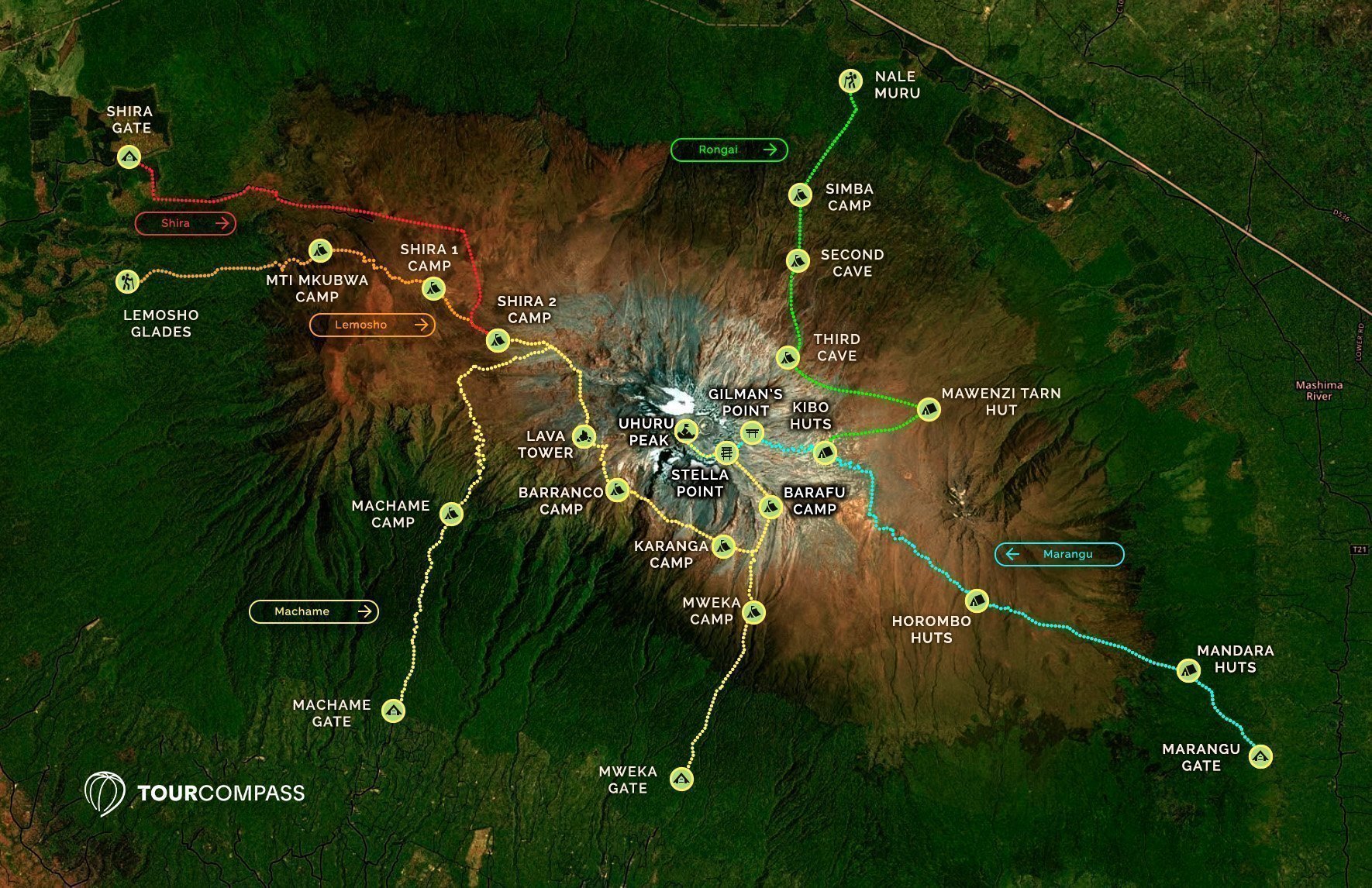kaart van kilimanjaro routes
