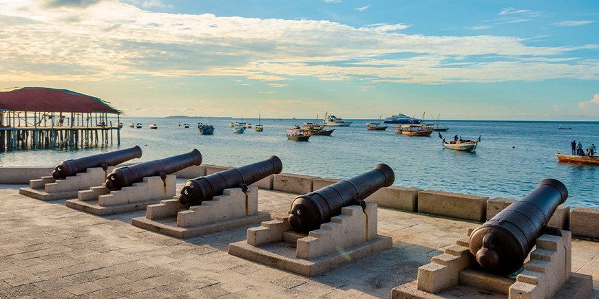 Kanonnen aan de waterkant in Stone Town, Zanzibar