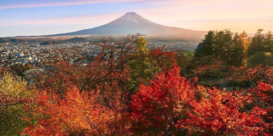 Herfstkleuren en uitzicht op Mount Fuji in Japan.