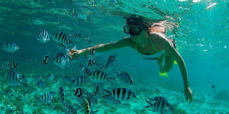 Vrouw snorkelt in de Indische Oceaan bij Mauritius.
