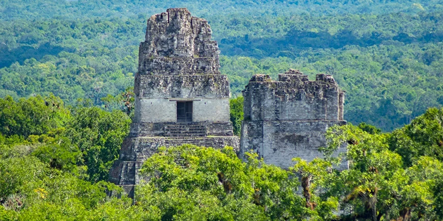 Ruïnes torenen boven het regenwoud uit in Nationaal park Tikal in Guatemala
