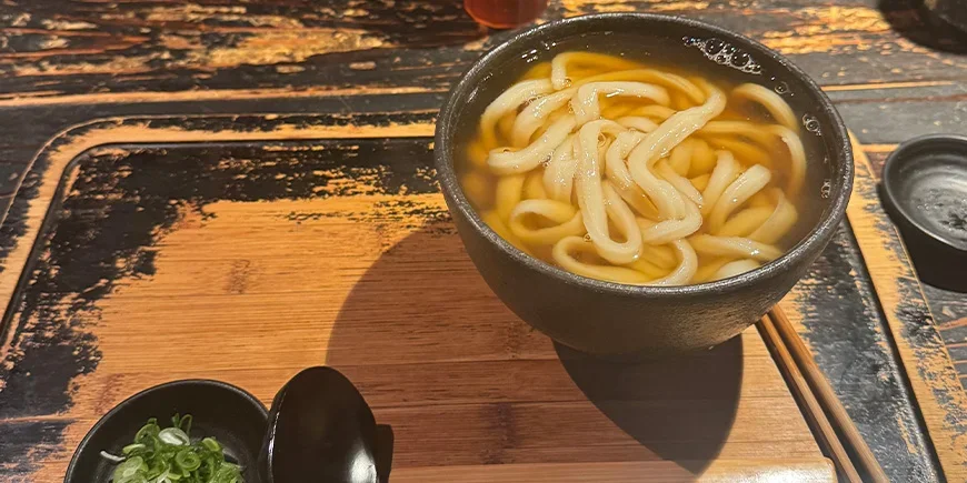 Udon-noedels in heldere bouillon