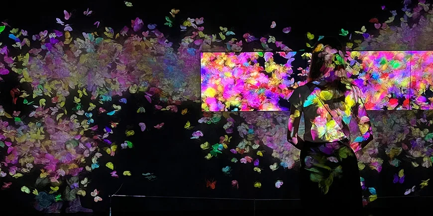 Roze lichtshow bij TeamLab Borderless