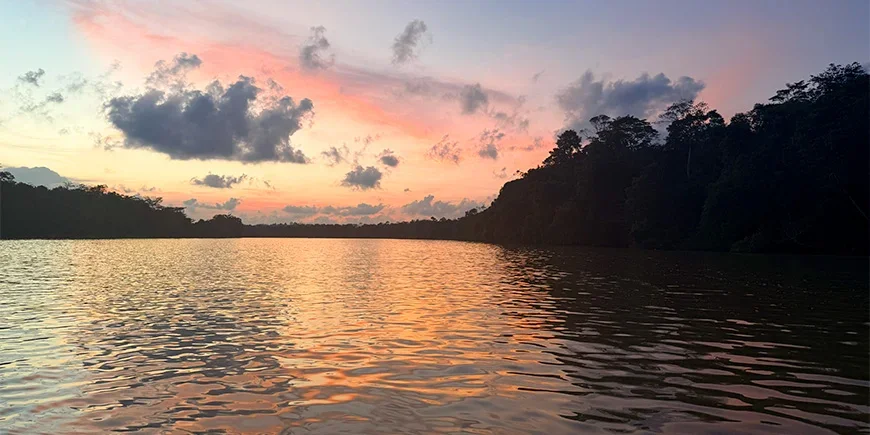 Prachtige zonsondergang aan de Kinabatang-rivier op Borneo